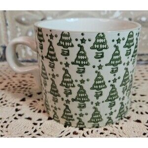 Kellie Montana Large Ceramic Coffee Mug Christmas Trees Stars Green White 14 oz